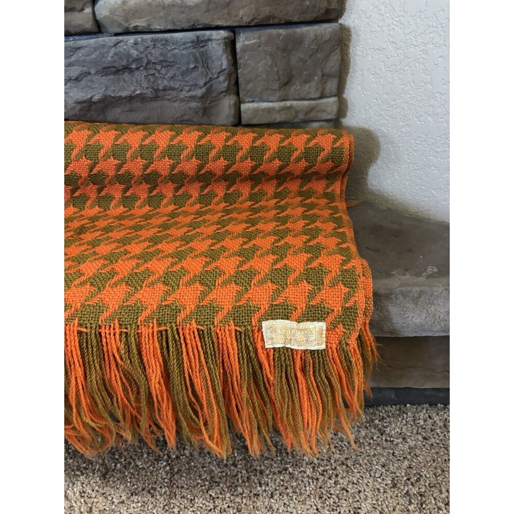Vintage Pendleton Woolen Mills Houndstooth Blanket Throw Orange Olive Green